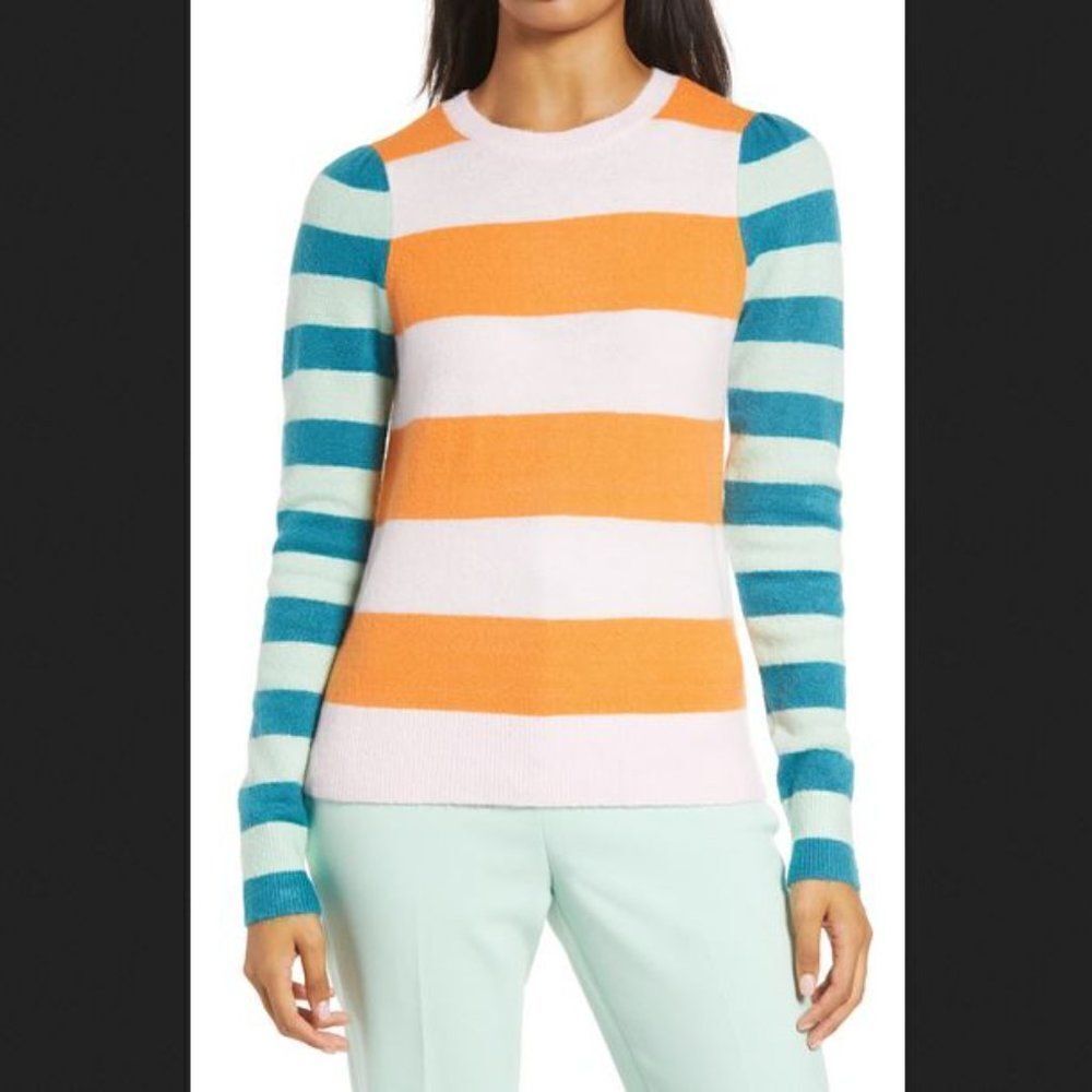 Halogen x Atlantic-Pacific Mix Stripe Puff Sleeve Sweater Size Small